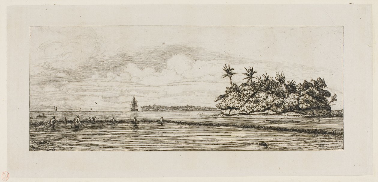 Oceanía: pesca, cerca de islas con palmeras en el grupo Uea o Wallis, 1845 de Charles Meryon