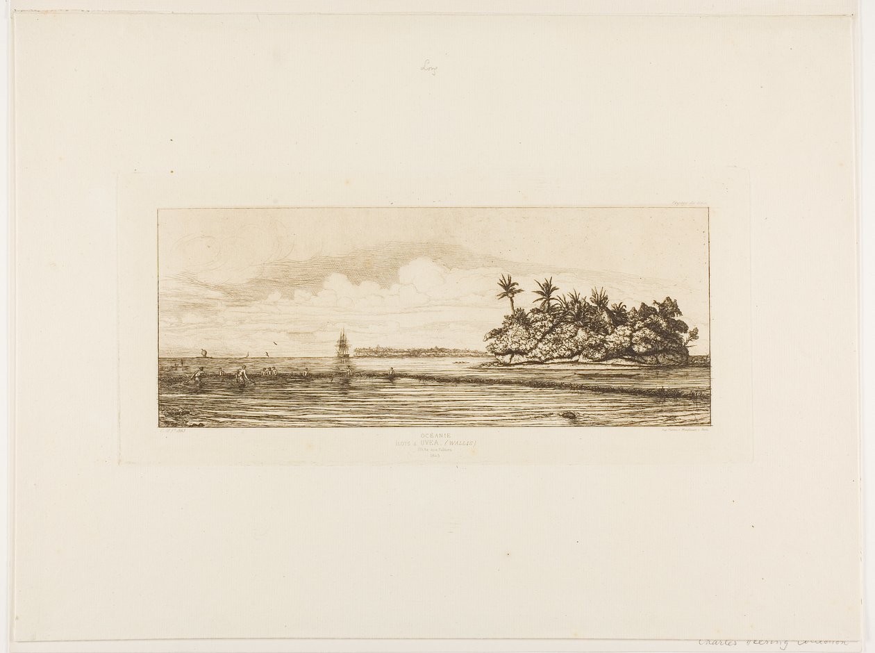 Oceanía: Pesca, cerca de las islas con palmeras del grupo Uea o Wallis, 1845 de Charles Meryon