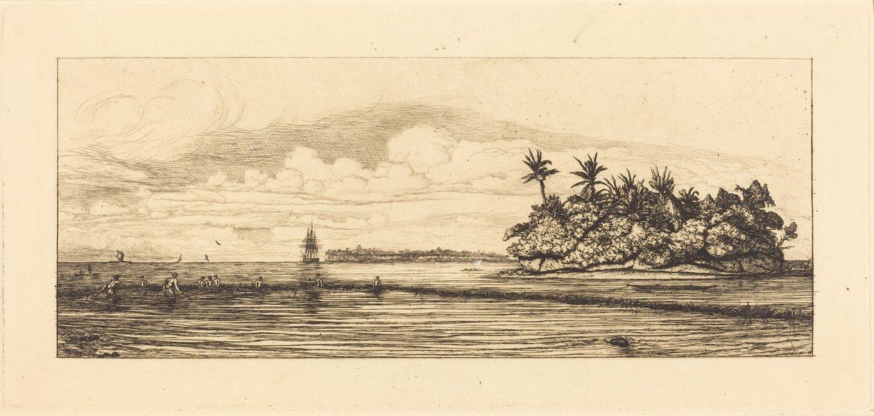 Oceanía, islotes de Uvea (Wallis); Pesca con aletas, 1845 (Oceanía: Pesca, cerca de islas con palmeras en el archipiélago de Uvea o Wallis) de Charles Meryon