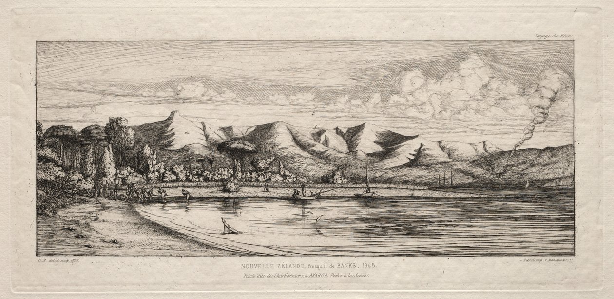 Pesca en el Sena frente a Charcoal Burners Point, Akaroa, Península de Banks de Charles Meryon