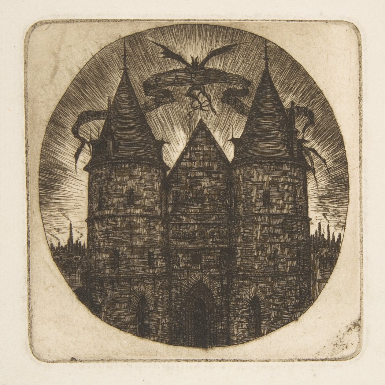 La antigua puerta del Palacio de Justicia de París, frontispicio de «Grabados de París» de Charles Meryon