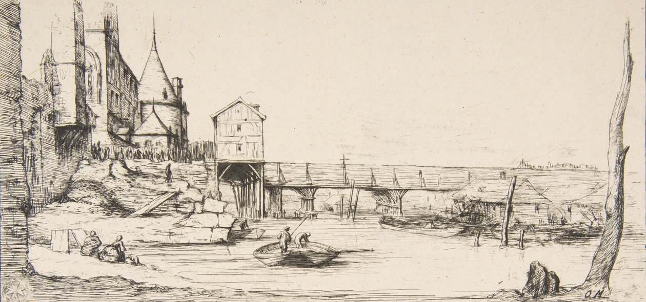 El puente peatonal que reemplaza temporalmente al Pont-au-Change, París, después del incendio de 1621, af..., 1860 de Charles Meryon