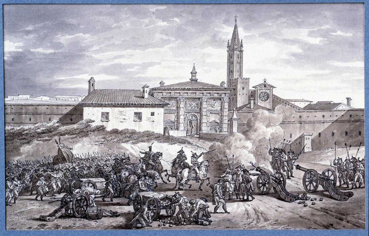 Campañas de Italia: Napoleón Bonaparte (1769-1821) y el mariscal Augereau en una puerta de Verona en Italia con un cañón en 1796, dibujo atribuido a Charles Meynier (1768-1832) de Charles Meynier