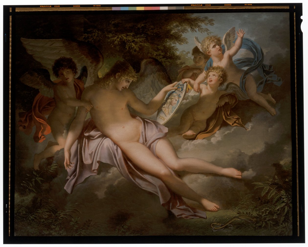 Cupido llora la pérdida de Psique, cuyo retrato detiene en sus manos de Charles Meynier
