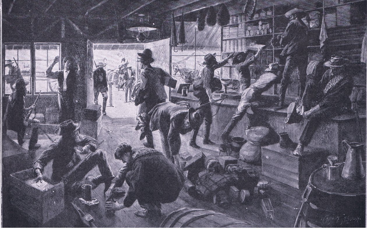Bóers saqueando una tienda en la propiedad del río Grange (ilustración de After Pretoria: The Guerilla War, 1902) de Charles Mills Sheldon