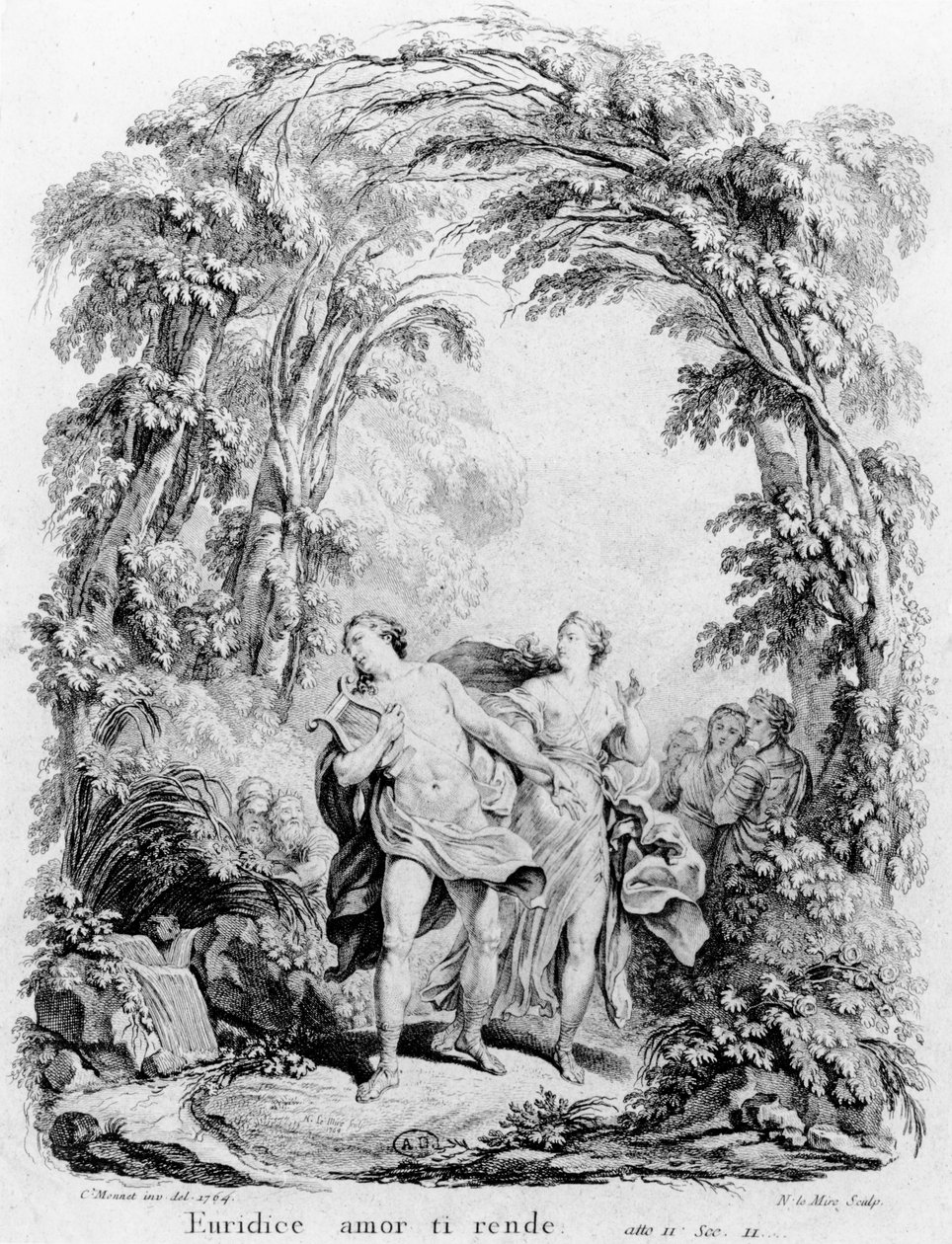 Orfeo guiando a Eurídice fuera del infierno, ilustración para la ópera 