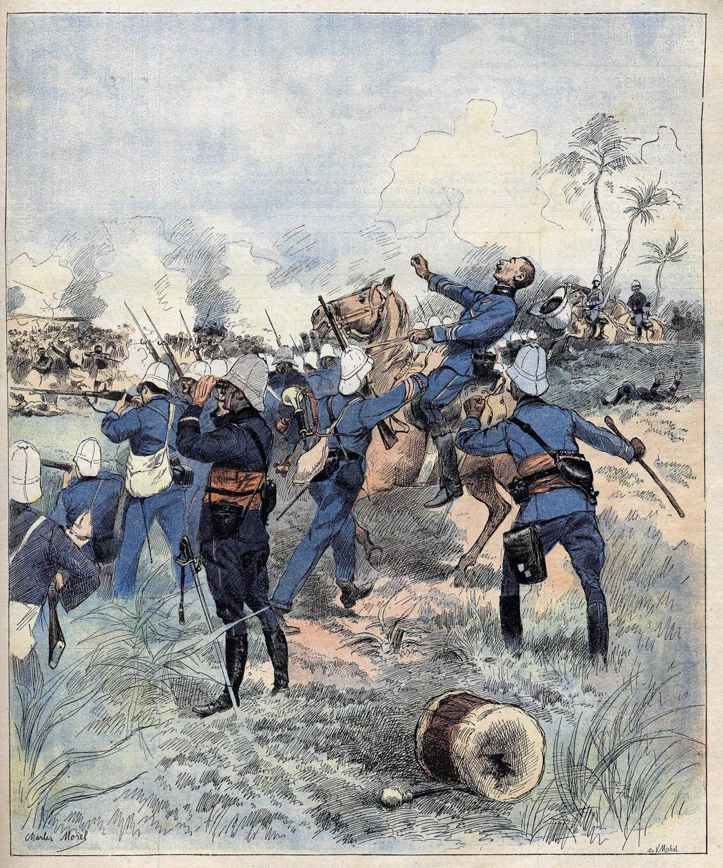 El comandante Faurax murió en la batalla de Dogba el 19 de septiembre de 1892 en Dahomey (ahora Benín) después de la acuarela de Morel de 1892 de Charles Morel