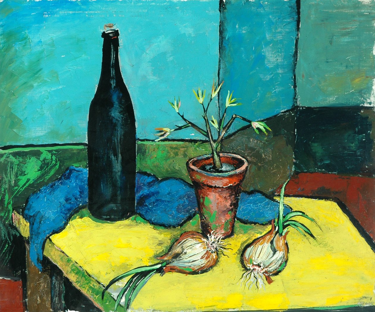 Botella negra y cebollas (óleo sobre lienzo) de Charles Murray