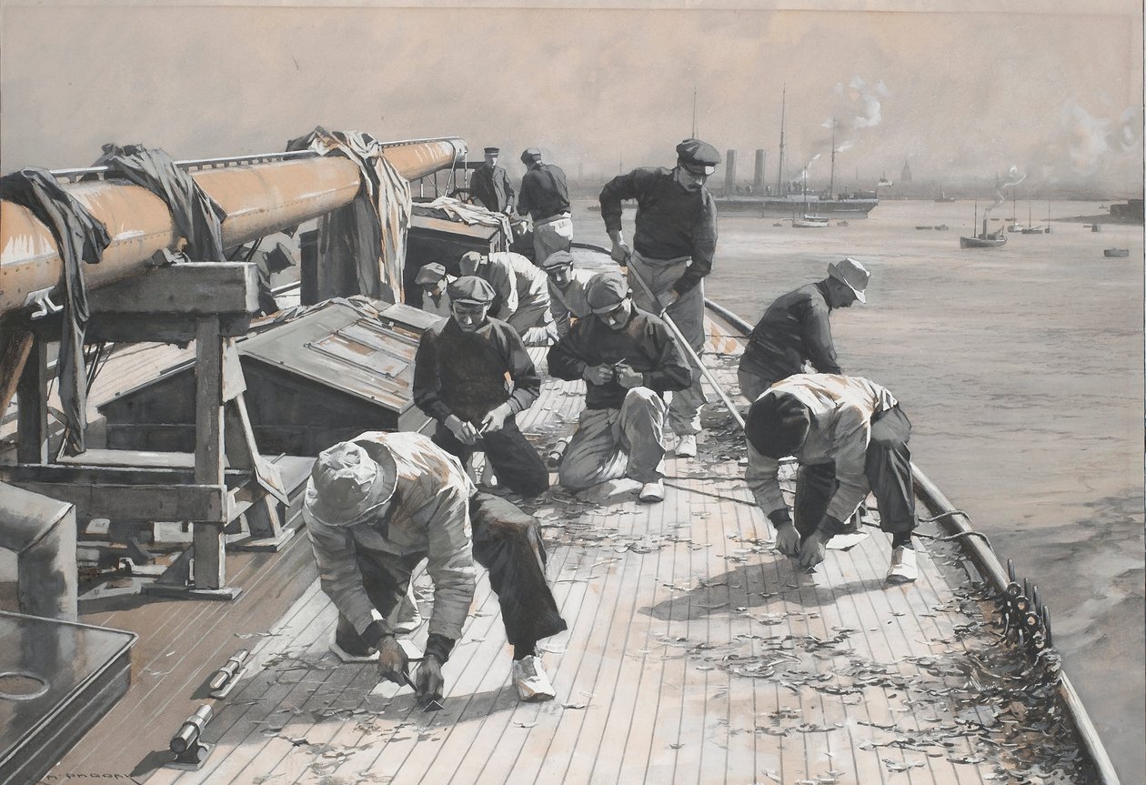 Construcción de un barco de carreras de 23 metros, el puente Brynhild raspando. Dibujo y aguada (35x47,9 cm) de Charles M. Padday () , principios del siglo XX. de Charles Murray Padday
