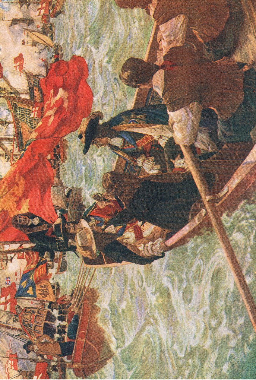 Home coming of Charles II, ilustración de The History of the British People publicada por Waverley, c.1940 (litografía en color) de Charles Murray Padday