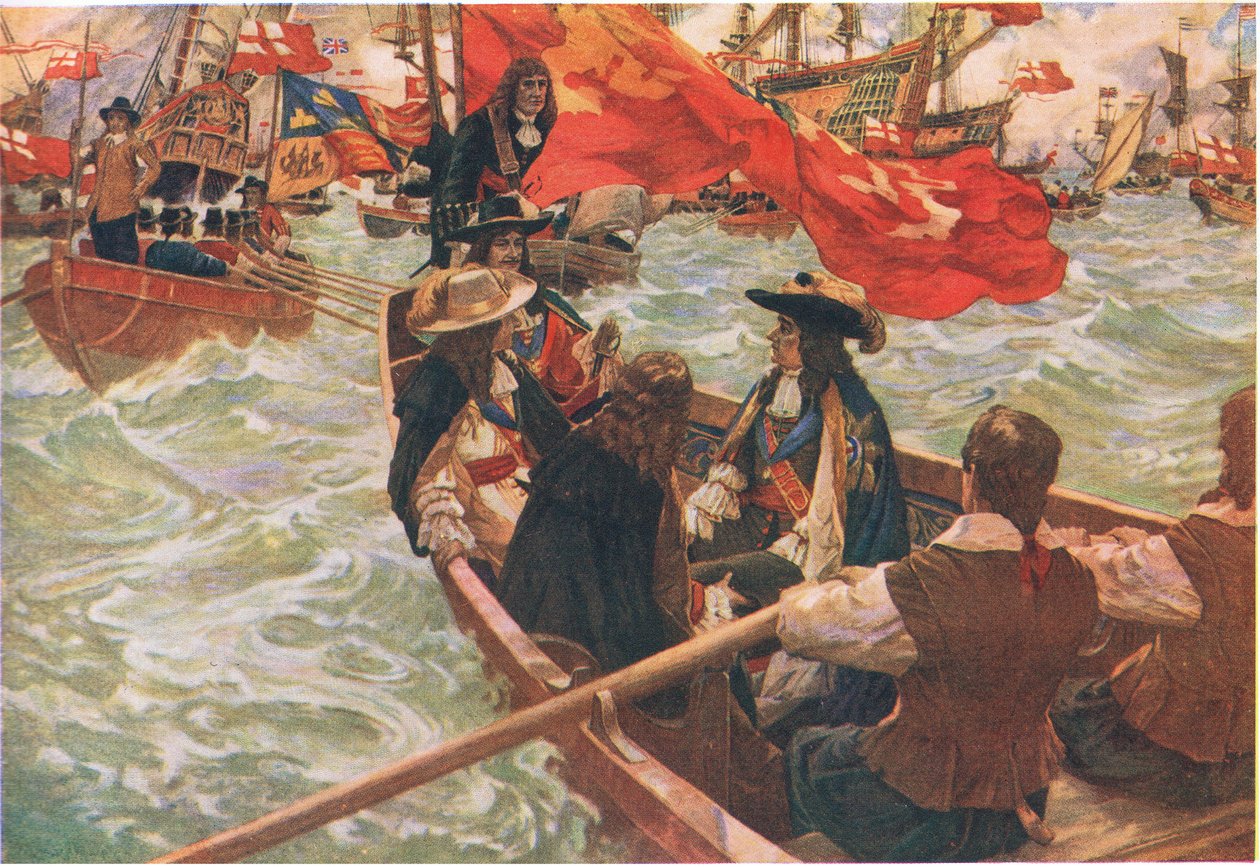 Homecoming of Charles II, de Cassells History of the British People publicado por Waverley Book Company Limited, c.1940 (litografía en color) de Charles Murray Padday