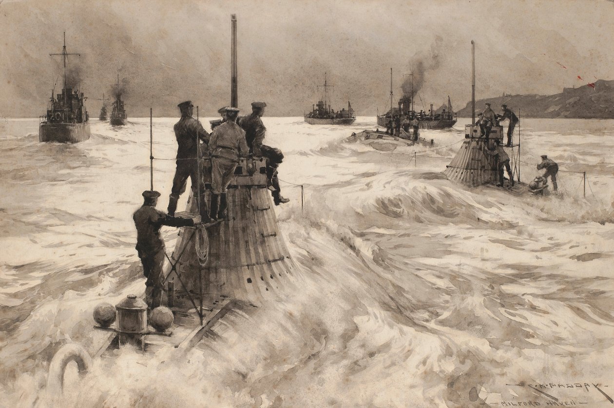 Nuevos submarinos británicos saliendo de Milford Haven (Inglaterra), para entrar en acción. Dibujo y aguada (30,4x45,5 cm) de Charles M. Padday () , principios del siglo XX. de Charles Murray Padday