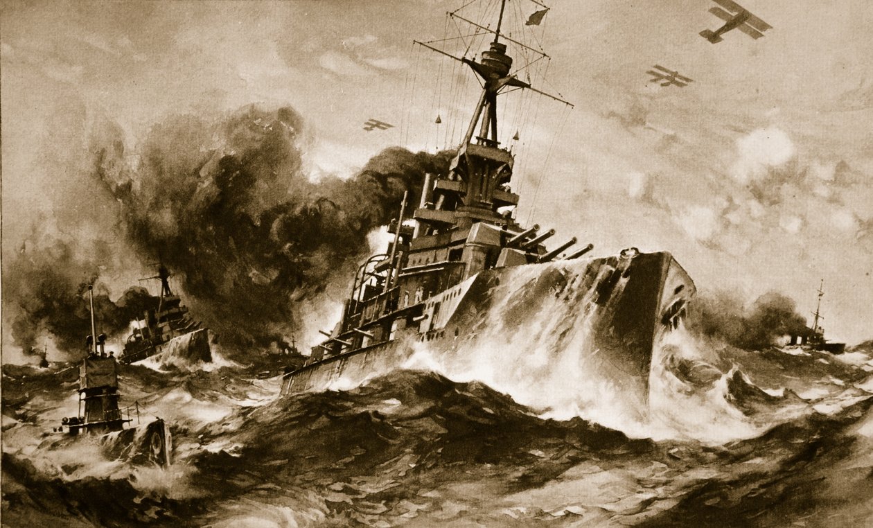 El escuadrón de combate británico a toda velocidad en los mares estrechos (litografía) de Charles Murray Padday