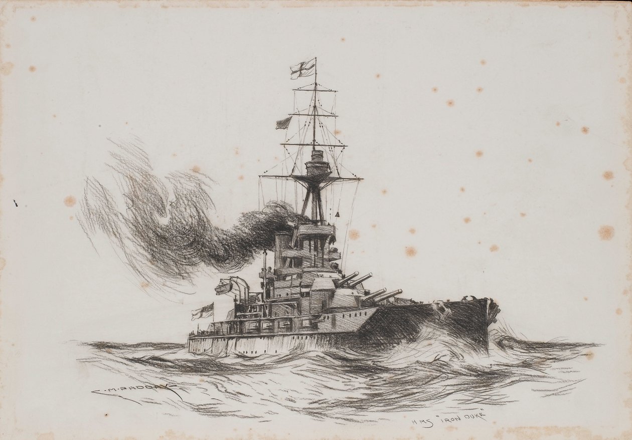 El buque británico Iron Duke. Dibujo (25,5x36,8 cm) de Charles M. Padday () , principios del siglo XX. de Charles Murray Padday