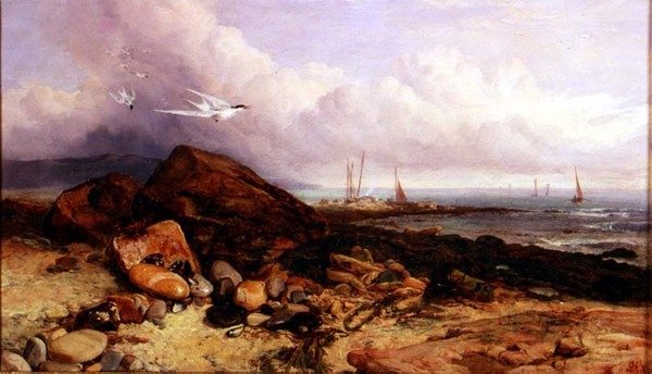Escena costera con barco de pesca y charranes de Charles Napier Hemy