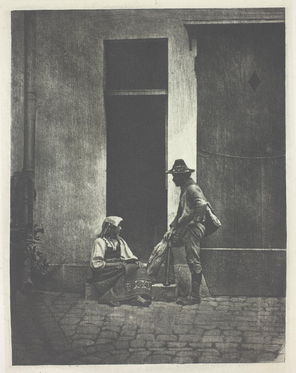 Pifferaro de pie y campesina italiana sentada, en el patio del 21 Quai Bourbon de Charles Nègre