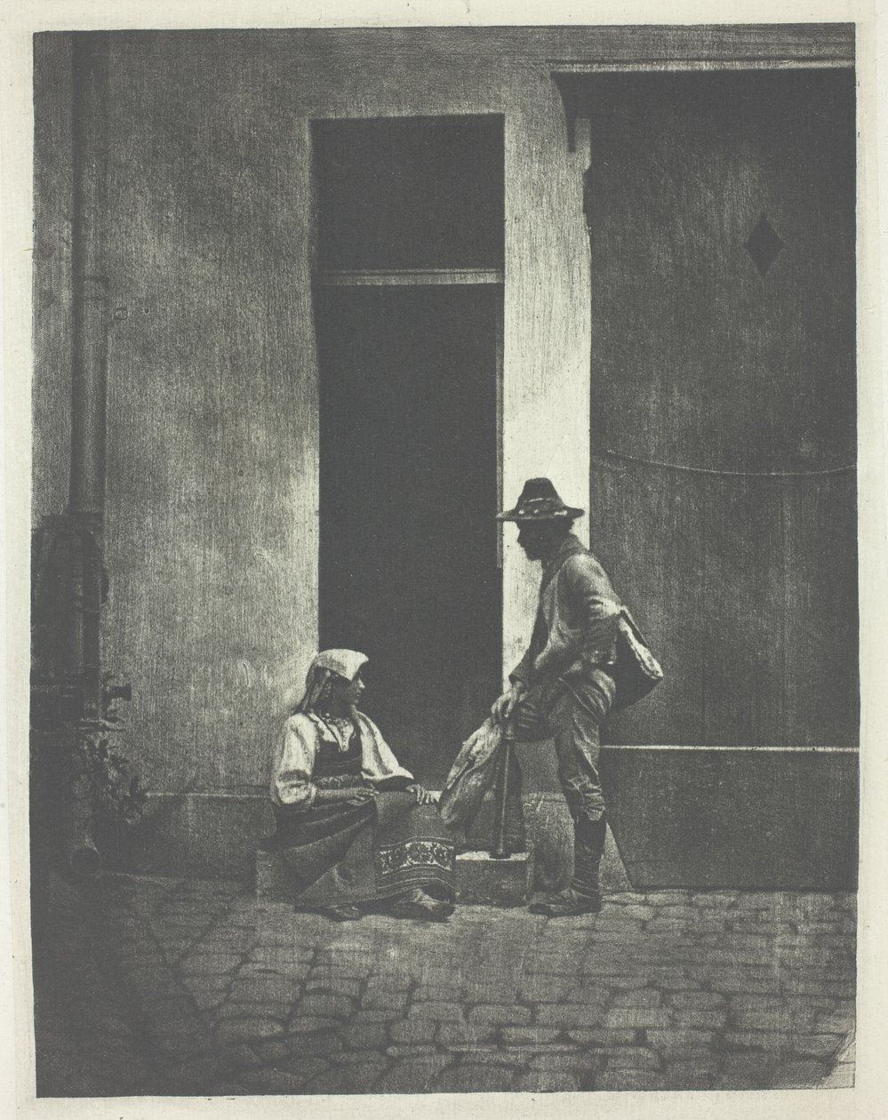 Pifferaro de pie y campesina italiana sentada, en el patio del 21 Quai Bourbon de Charles Nègre