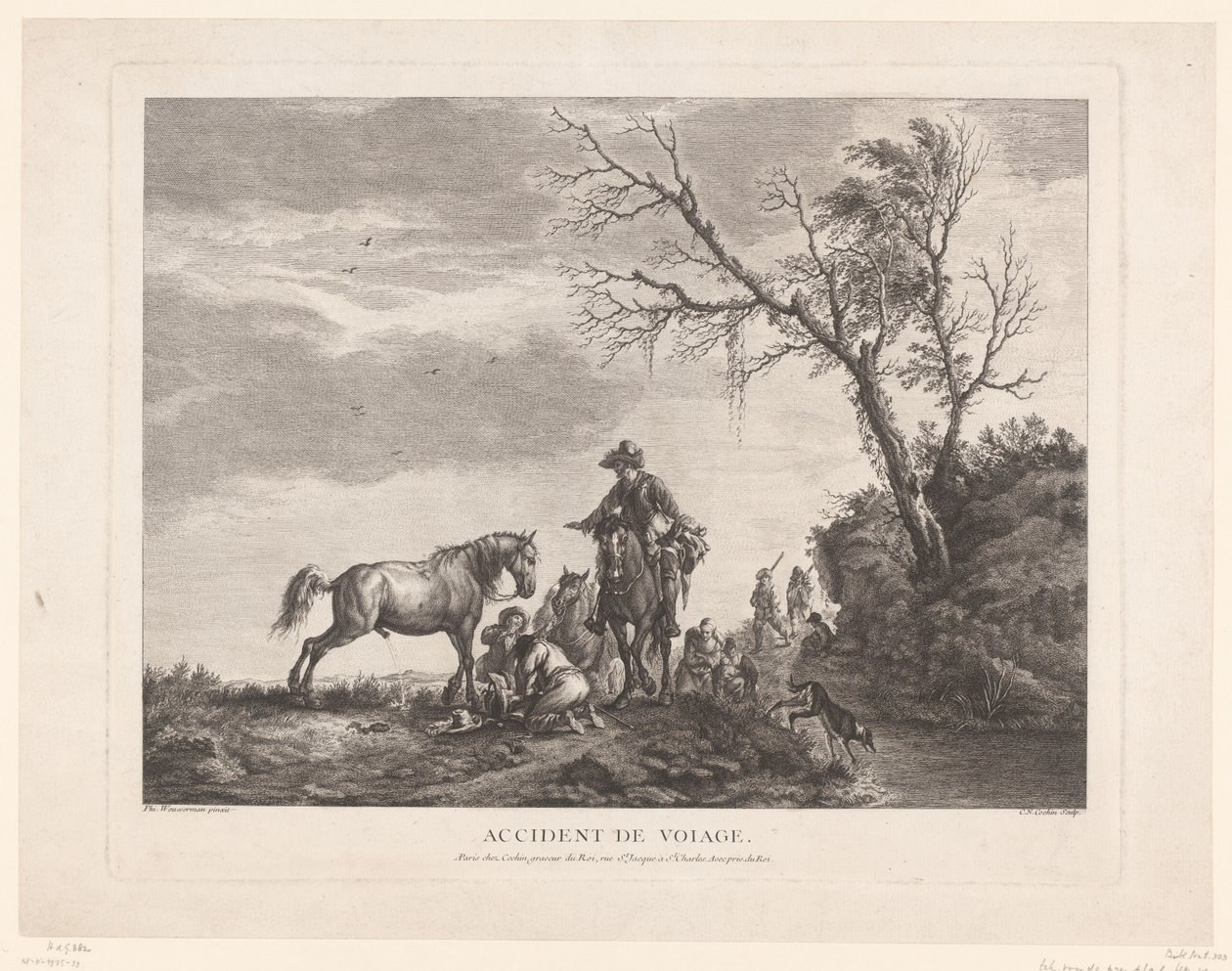 Viajeros durante una parada Accidente de viaje. (título en el objeto) de Charles Nicolas Cochin (II)