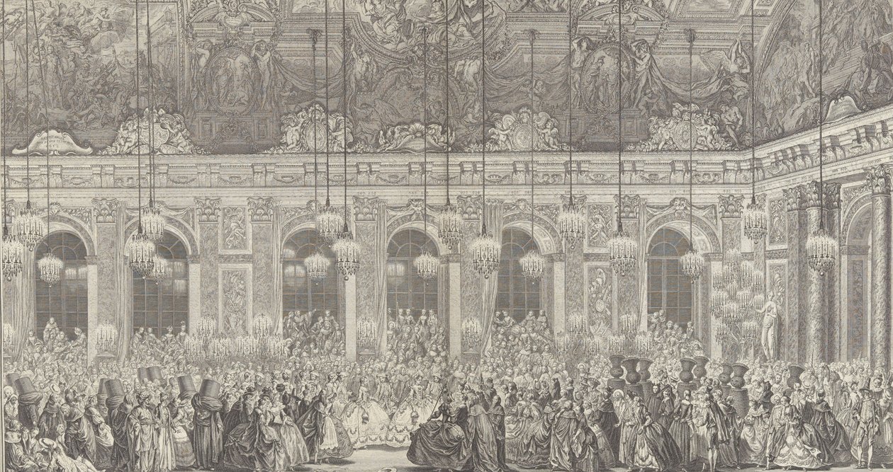 Decoración para un baile de máscaras en Versalles, con motivo de..., ca. 1860 reimpresión de la placa de 1764 de Charles Nicolas Cochin