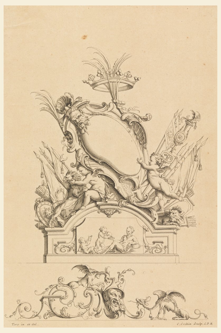 Diseño para cartucho con corona, dos putti sirviendo a Baco y dos leones de "Cartouches Nouvellement Inventez" de Charles Nicolas Cochin the younger