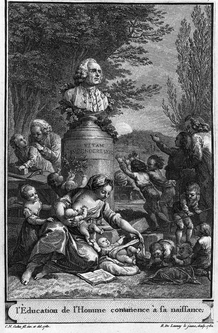 La educación humana comienza al nacer. Frontispicio (1782) de Jean Jacques Rousseau grabado por Robert Delaunay el joven (1749-1814) después de un dibujo (1780) de Charles Nicolas Cochin el joven (1715-1790) con el busto del escritor de Charles Nicolas II (after) Cochin