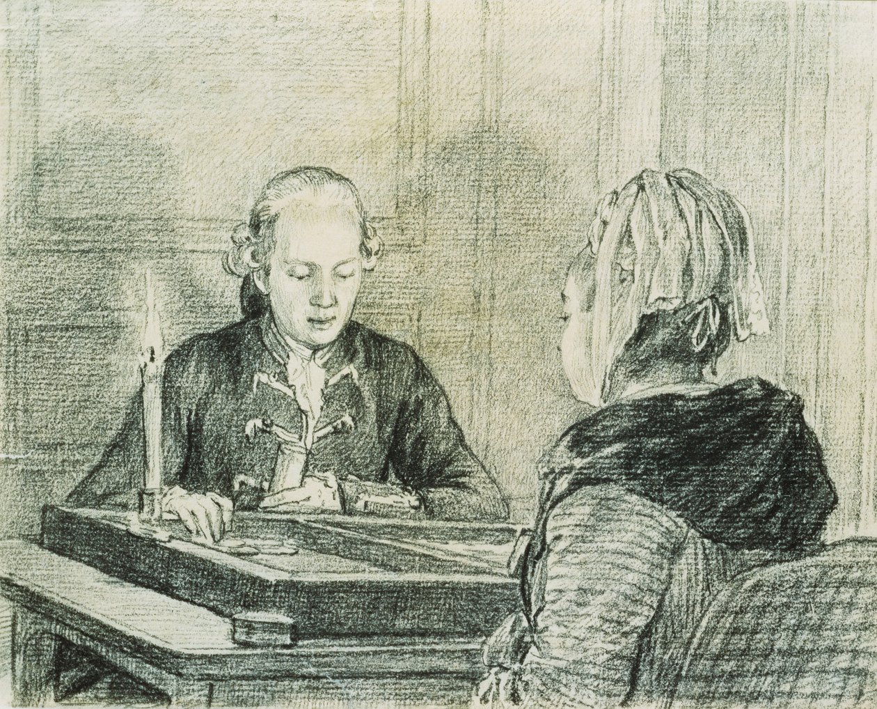 Una pareja sentada, la dama vista desde atrás, jugando al backgammon a la luz de las velas de Charles Nicolas II Cochin