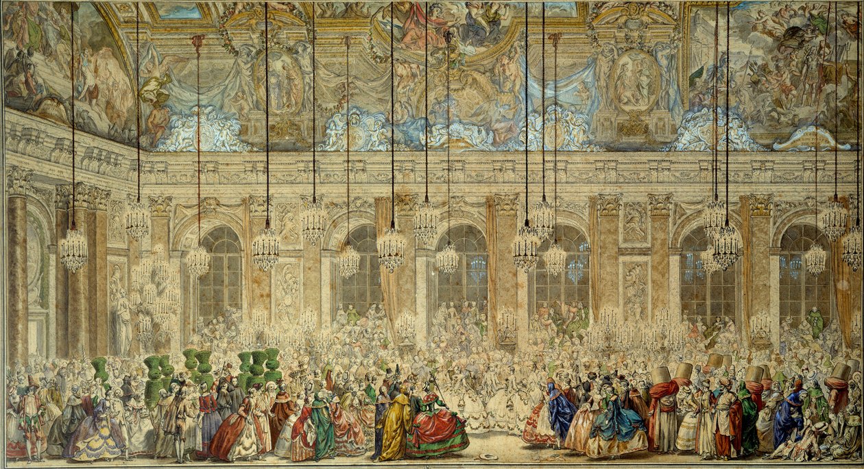 Baile de máscaras o baile de los Ifs dado para la boda de Luis Delfín de Francia (1729-1765) con María Teresa de España en la Galería de los Espejos en Versalles en febrero de 1745 de Charles Nicolas II Cochin