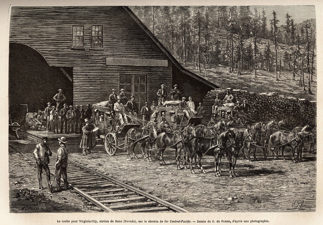 La estación de Reno, para tomar el tren hacia Virginia City (Nevada), en el Ferrocarril Central del Pacífico (Central Pacific), grabado después del dibujo de O. de Penne, ilustrando el viaje de Washington a San Francisco, en 1868, por L. Simonin, publicado de Charles Oliver de Penne