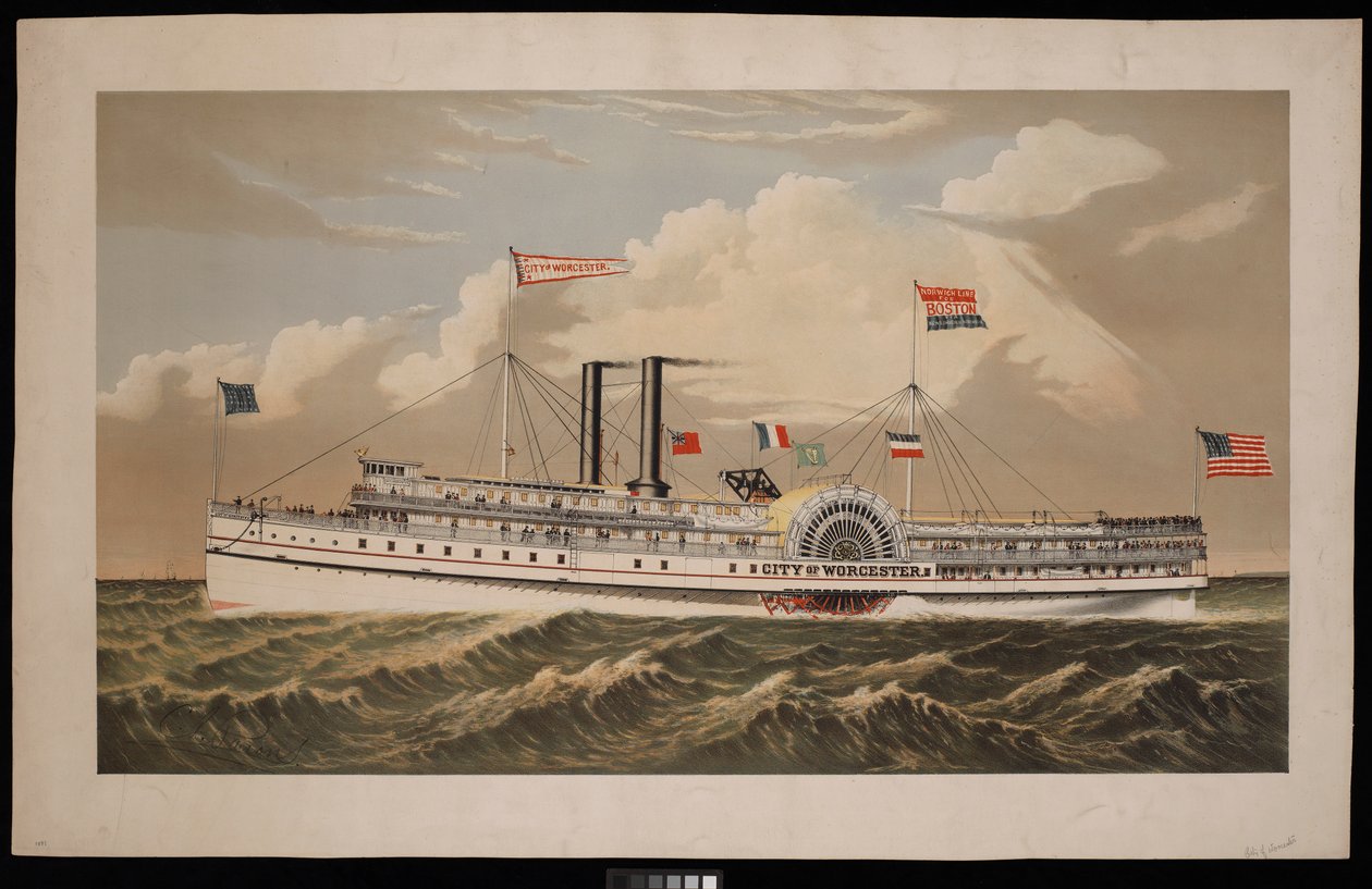 Barco de vapor de ruedas americano City of Worcester Norwich Line para Boston vía New London y Norwich (litografía, coloreada) de Charles Parsons