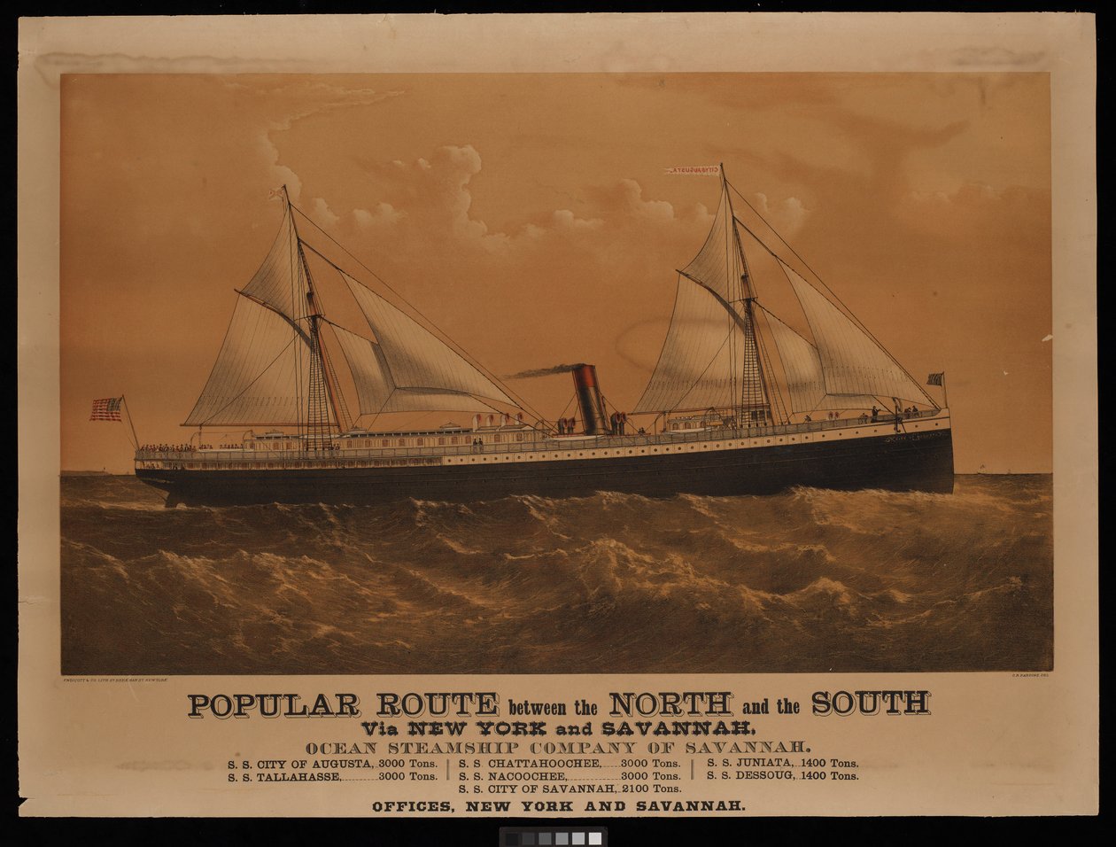 Ruta popular entre el Norte y el Sur vía Nueva York y Savannah, Ocean Steamship Company of Savannah... Ciudad de Augusta... (litografía, coloreada) de Charles Parsons