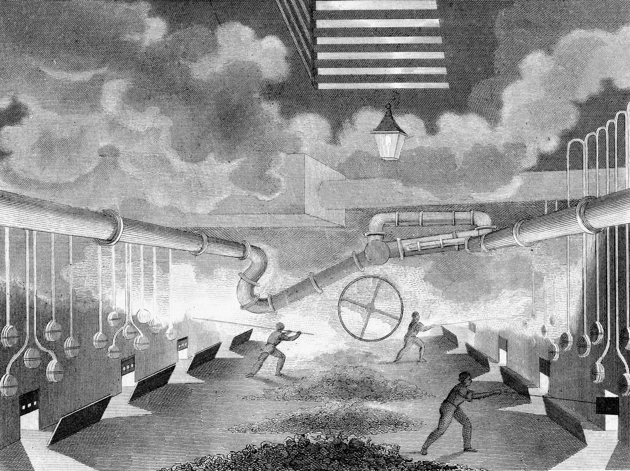 Vista general de una fábrica de gas, mostrando retortas siendo cargadas, 1835 de Charles Partington
