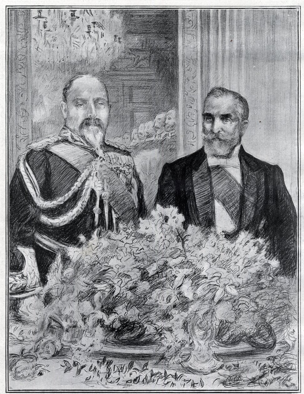 Cordial: la visita del presidente francés Émile Loubet a Londres - el banquete en la embajada francesa - el Rey Eduardo VII y Loubet - dibujado por Paul Renouard para el periódico The Graphic. Julio de 1903. de Charles Paul Renouard