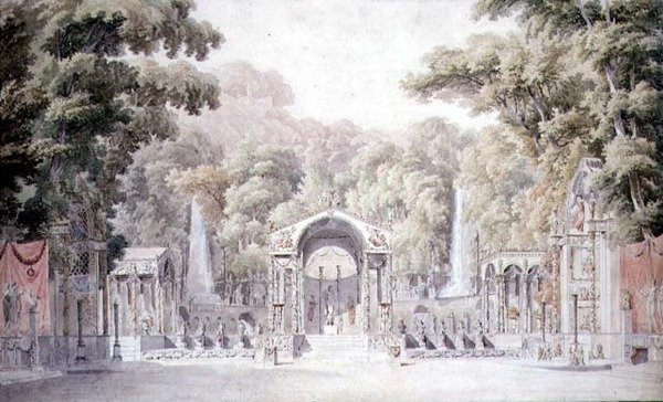 Diseño para un escenario con un templo de Venus en un jardín boscoso para 