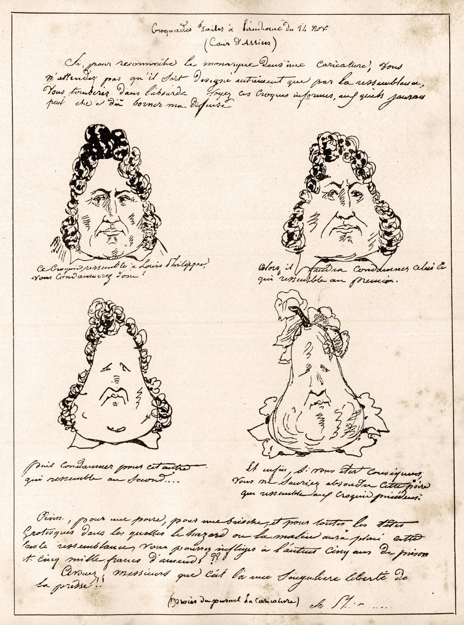 Croquades hechas en la audiencia del 14 de noviembre - caricatura de Luis Felipe en forma de pera por Charles Philipon (1800-1862) - 1832 - (Luis Felipe convirtiéndose gradualmente en una pera) de Charles Philipon