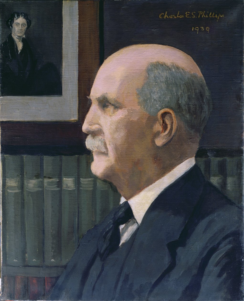William Henry Bragg (1862-1942) con una imagen de Michael Faraday (1791-1867) en el fondo, 1939 de Charles Phillips