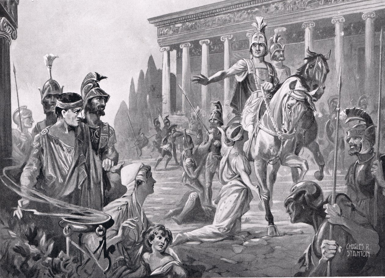 Alejandro en el saqueo de Tebas en 335 a.C., ilustración de la "Historia de las Naciones de Hutchinson". de Charles Rebel Stanton