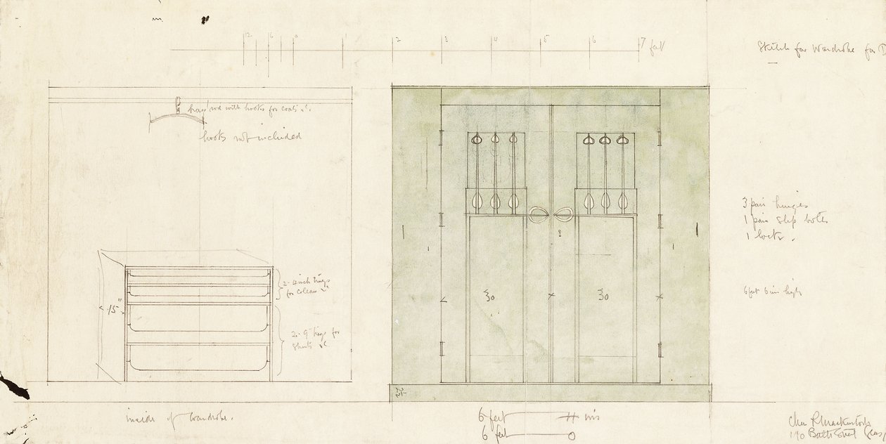 Diseño para un armario, mostrado en elevación del frente e interior, c.1899-1900 de Charles Rennie Mackintosh