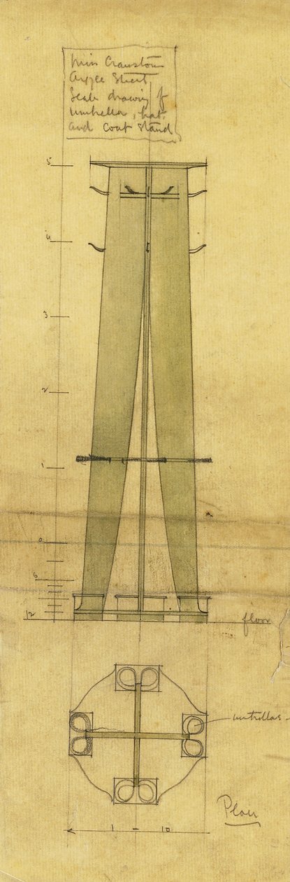 Diseño para un paraguas, sombrero y perchero, mostrado en elevación y planta, c.1898-1899 de Charles Rennie Mackintosh
