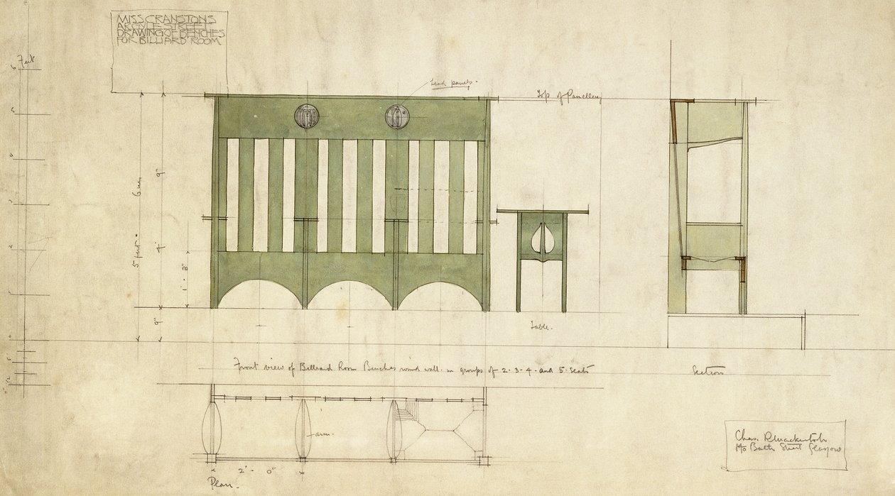 Diseño para bancos y una mesa, mostrado en elevación y sección de Charles Rennie Mackintosh