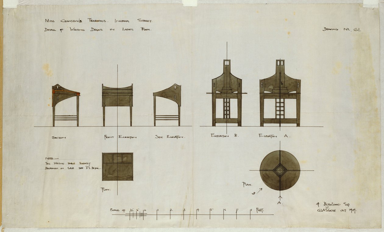 Diseños para escritorios mostrados en elevaciones frontal y lateral, para los Salones de Té de Ingram Street, 1909 de Charles Rennie Mackintosh