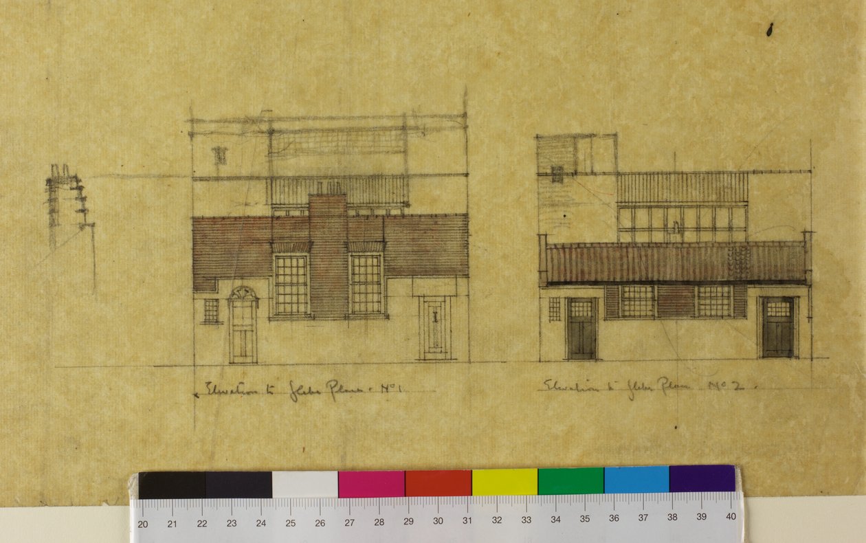 Estudio de Harold Squire: elevaciones, elevación alternativa a Glebe Place de Charles Rennie Mackintosh