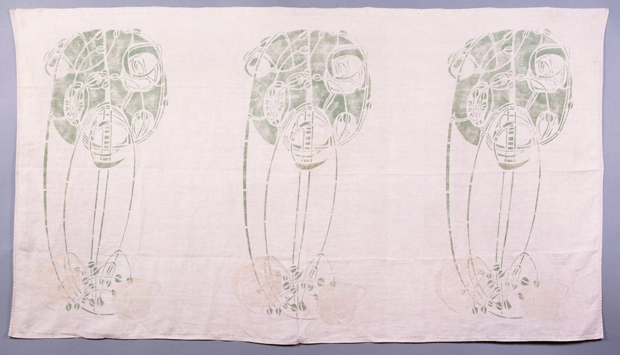 Panel de Tres Motivos de Rosas Estilizadas en Verde y Crema, para un Respaldo de un Asiento de Esquina en la Sala de Estar en 14 Kingsborough Gardens, c.1900 de Charles Rennie Mackintosh