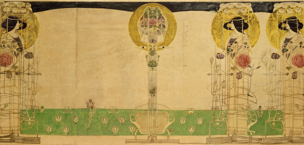 Diseño preliminar para la decoración mural del primer piso de la sala de té de Miss Cranston en Buchanan Street, 18967 de Charles Rennie Mackintosh