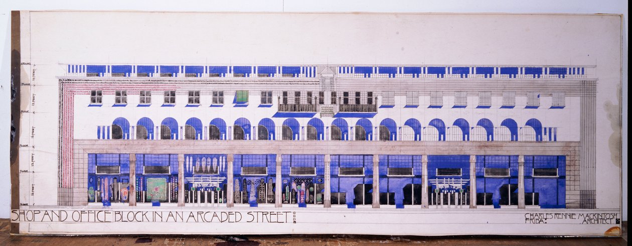 Dibujos arquitectónicos previamente no registrados para una tienda y una calle con arcadas, c.1915 de Charles Rennie Mackintosh