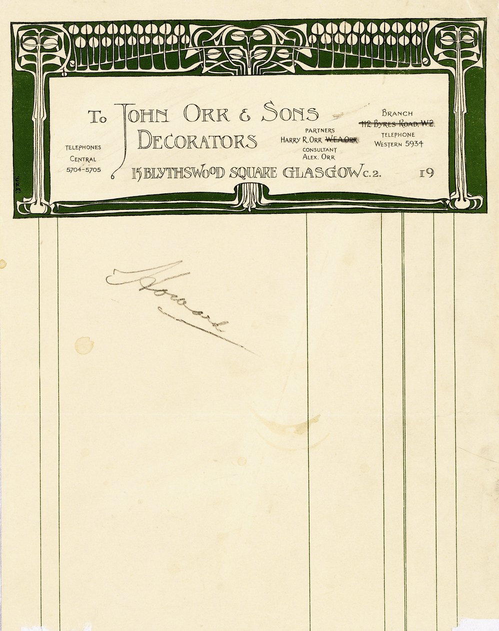 Diseño de papelería para John Orr & Sons, Glasgow, c.1894-1898 de Charles Rennie Mackintosh