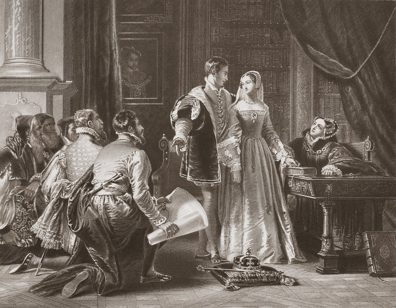La reticencia de Lady Jane Grey a aceptar la corona, grabado por A.H. Payne de Charles Robert (after) Leslie