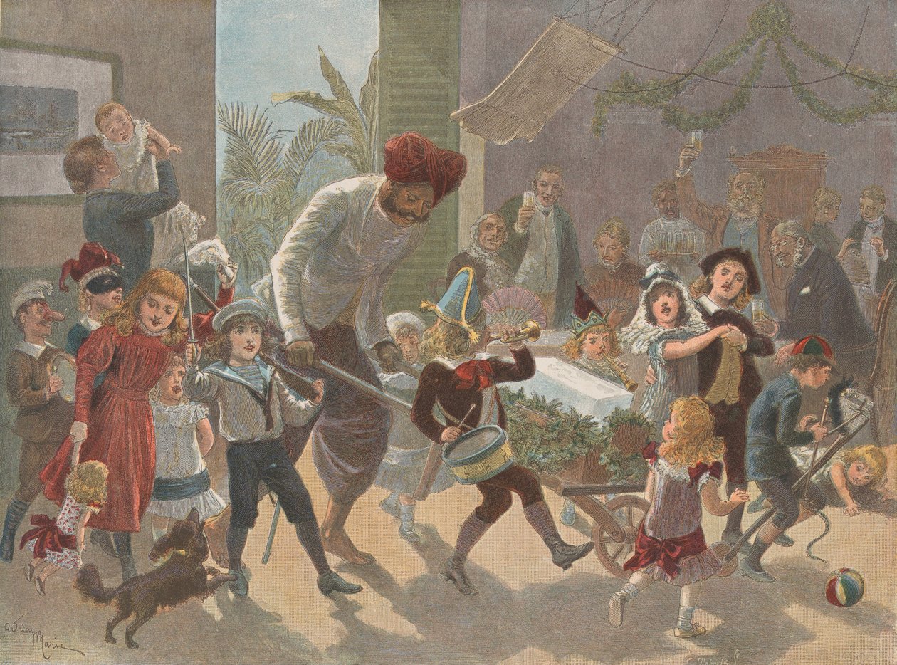 El tronco de Navidad en India — Trayendo el hielo, de The Graphic Christmas Number, diciembre 2, 1889 de Charles Roberts