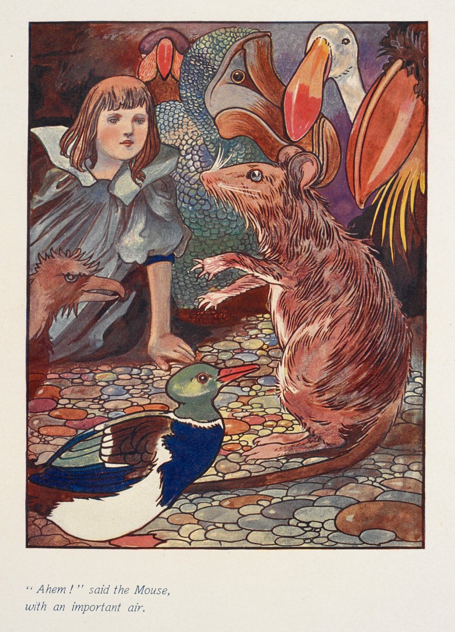 "¡Ejem!" dijo el ratón, con aire importante.
Alicia con un ratón y otros animales. de Charles Robinson