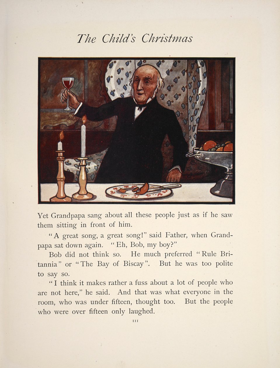 Ilustración que muestra a un hombre levantando una copa, en una comida navideña. de Charles Robinson