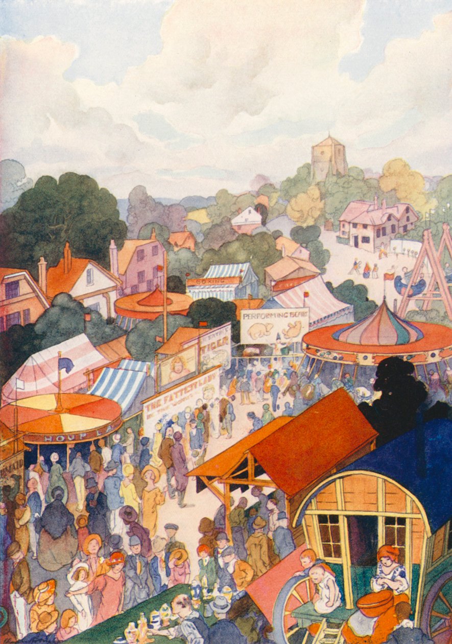 La feria anual visita un pueblo rural (litografía en color) de Charles Robinson